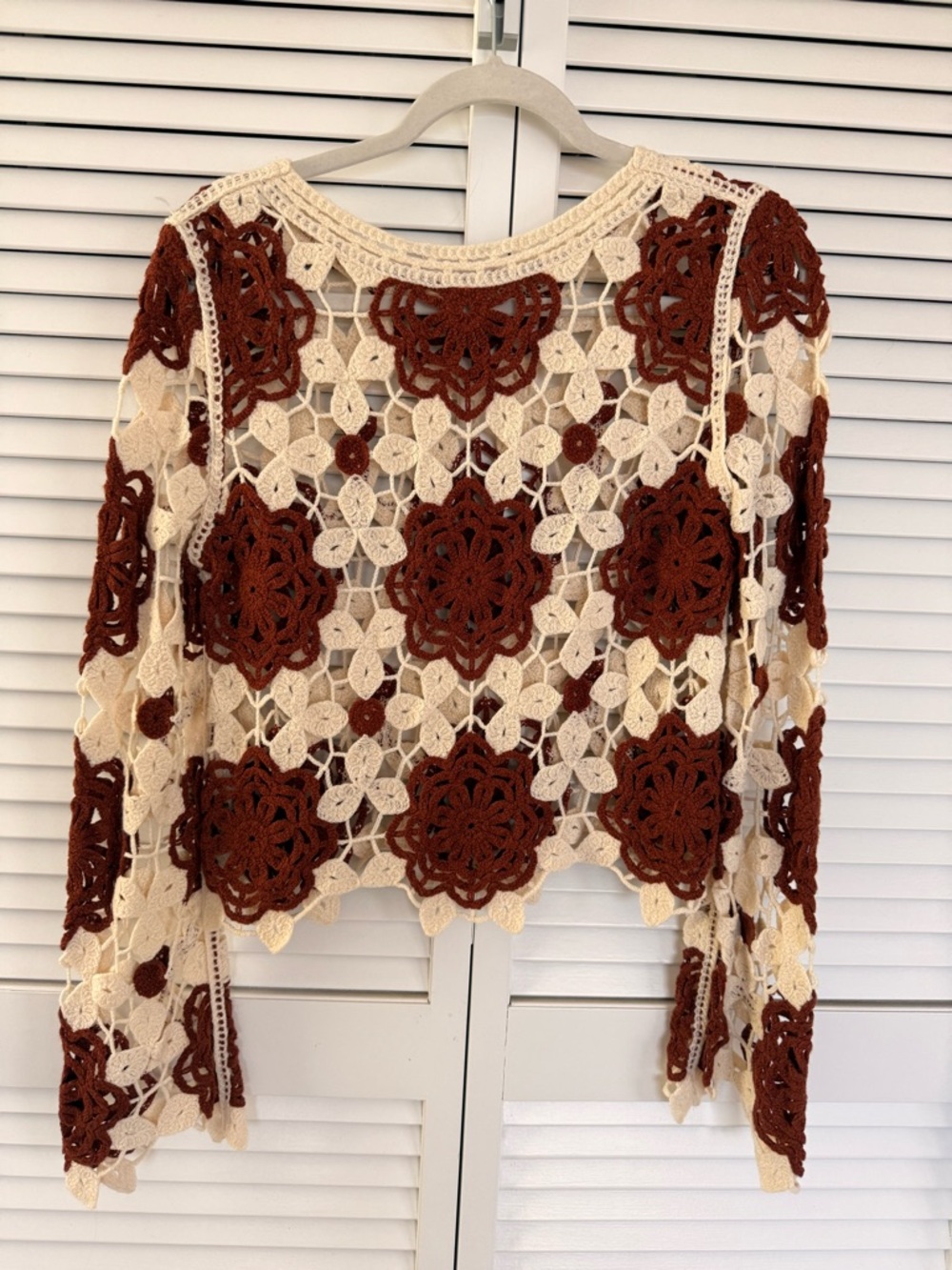 Crochet Floral Openwork Top in Cream and Rust